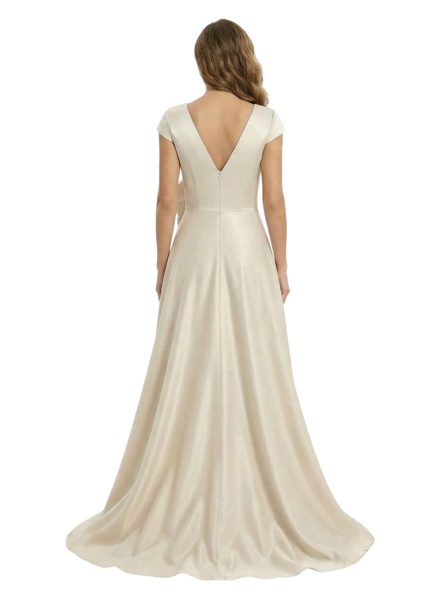 V-Neck Satin Mother Of The Groom Dress Cap Sleeves A-Line Maxi Gown With Handmade Flower sold by ChicSew product image thumbnail 3