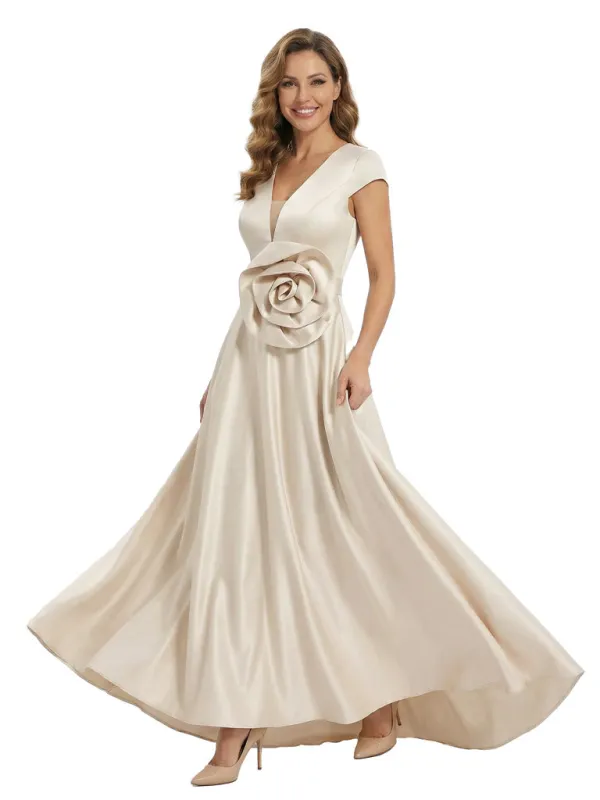 V-Neck Satin Mother Of The Groom Dress Cap Sleeves A-Line Maxi Gown With Handmade Flower sold by ChicSew