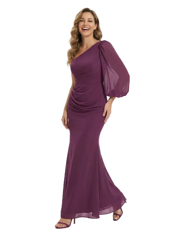 Fancy One Shoulder Lantern Sleeve Chiffon Mermaid Mother Of The Bride Dress sold by ChicSew