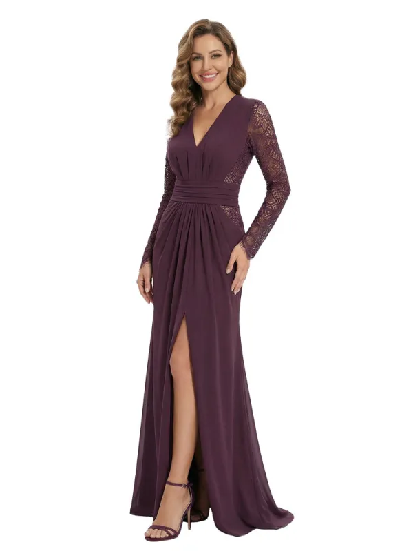 Unique V-neck Long Sleeves Chiffon A-Line Mother Of The Bride Dress With Illusion Lace Cutouts sold by ChicSew