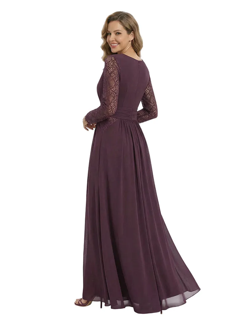 Unique V-neck Long Sleeves Chiffon A-Line Mother Of The Bride Dress With Illusion Lace Cutouts sold by ChicSew product image thumbnail 2