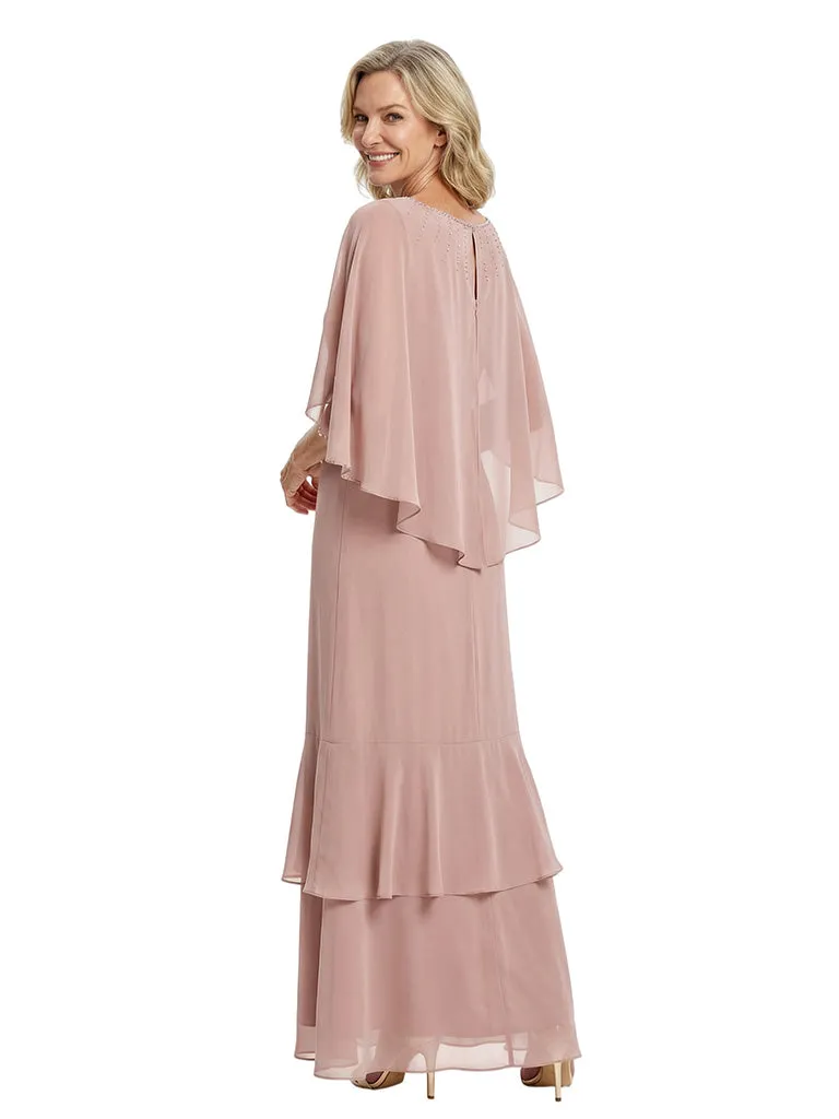 Beautiful Cape Sleeves Tiered Chiffon Beaded Sheath Mother Of The Bride Dress sold by ChicSew product image thumbnail 3