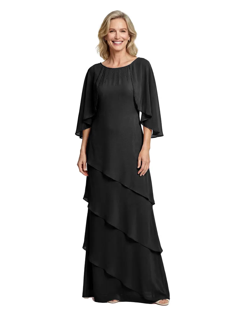 Beautiful Cape Sleeves Tiered Chiffon Beaded Sheath Mother Of The Bride Dress sold by ChicSew product image thumbnail 4