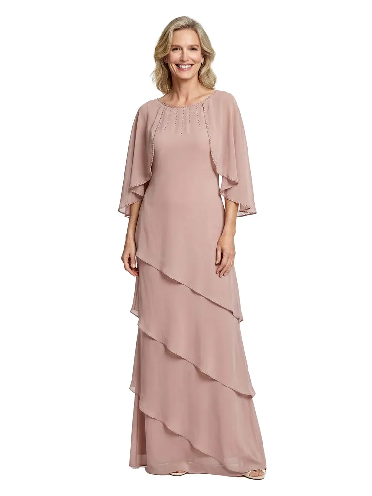 Beautiful Cape Sleeves Tiered Chiffon Beaded Sheath Mother Of The Bride Dress sold by ChicSew