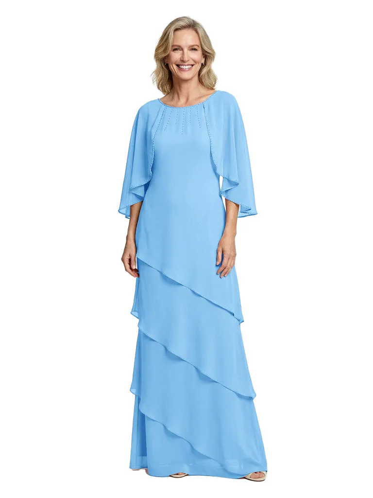 Beautiful Cape Sleeves Tiered Chiffon Beaded Sheath Mother Of The Bride Dress sold by ChicSew product image thumbnail 5