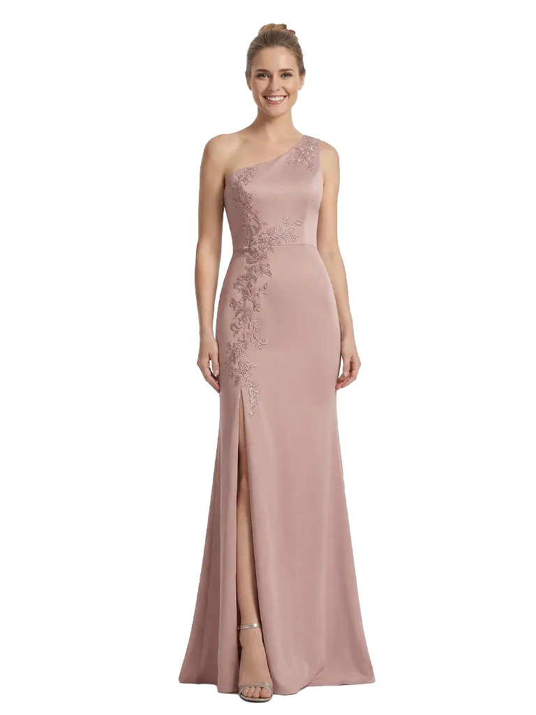 Sexy One Shoulder Satin Mother Of The Groom Dress Side Slit Floral Applique Mermaid Gown sold by ChicSew