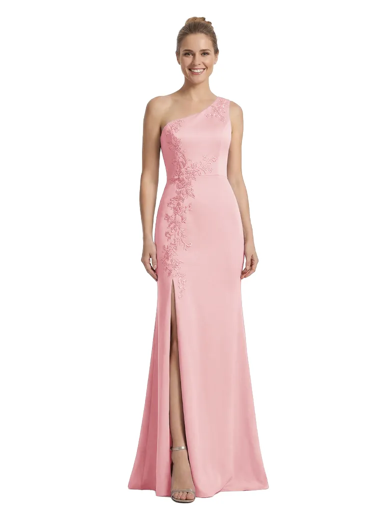 Sexy One Shoulder Satin Mother Of The Groom Dress Side Slit Floral Applique Mermaid Gown sold by ChicSew product image thumbnail 5