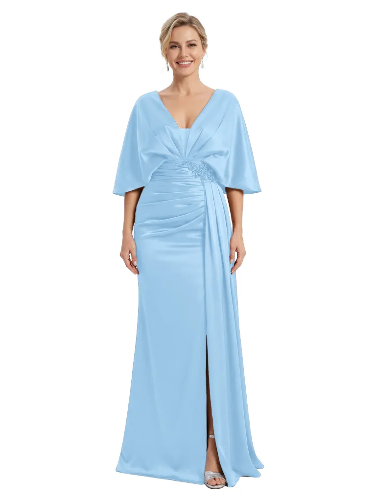 Mother of The Bride Dress V-Neck Cape Sleeve Satin Ruched Mermaid Floor-Length Gown Wedding Guest Formal Wear sold by ChicSew product image thumbnail 5