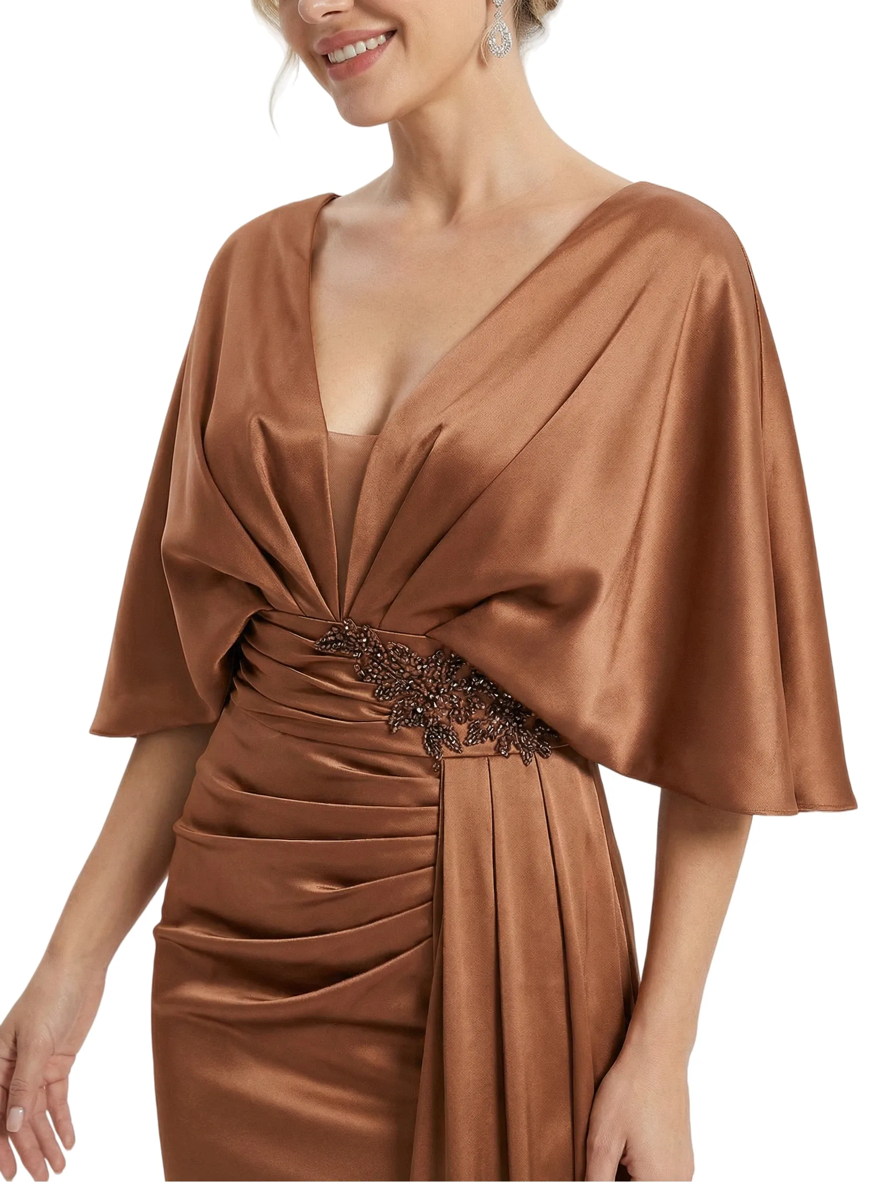Mother of The Bride Dress V-Neck Cape Sleeve Satin Ruched Mermaid Floor-Length Gown Wedding Guest Formal Wear sold by ChicSew product image thumbnail 2
