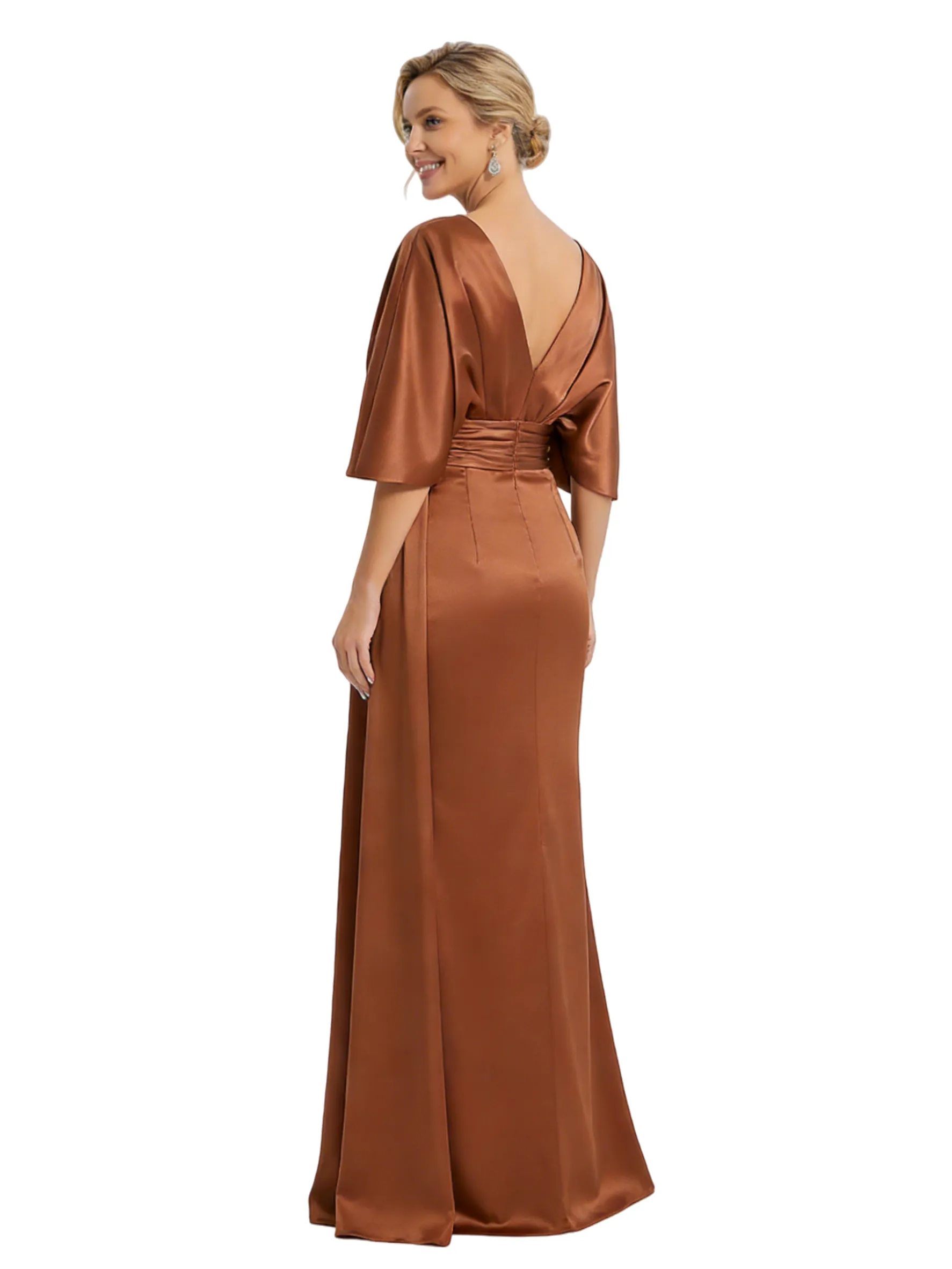 Mother of The Bride Dress V-Neck Cape Sleeve Satin Ruched Mermaid Floor-Length Gown Wedding Guest Formal Wear sold by ChicSew product image thumbnail 3