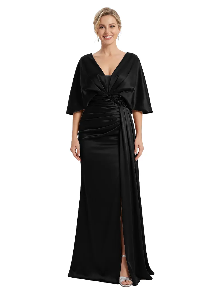 Mother of The Bride Dress V-Neck Cape Sleeve Satin Ruched Mermaid Floor-Length Gown Wedding Guest Formal Wear sold by ChicSew product image thumbnail 4