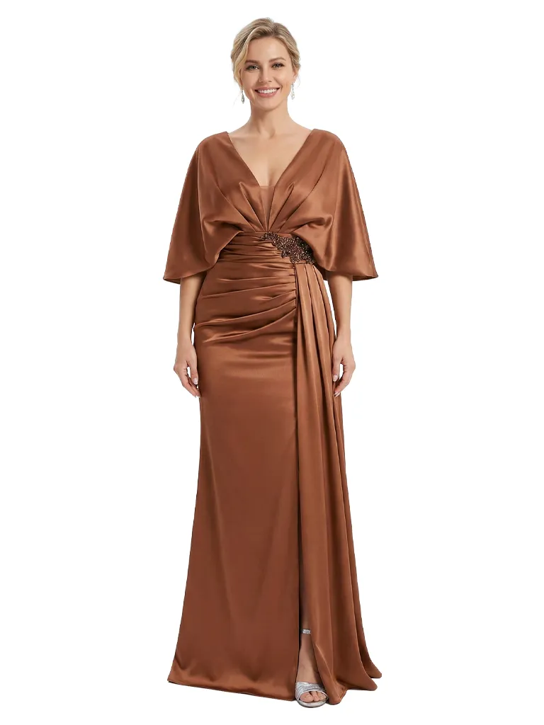 Mother of The Bride Dress V-Neck Cape Sleeve Satin Ruched Mermaid Floor-Length Gown Wedding Guest Formal Wear sold by ChicSew