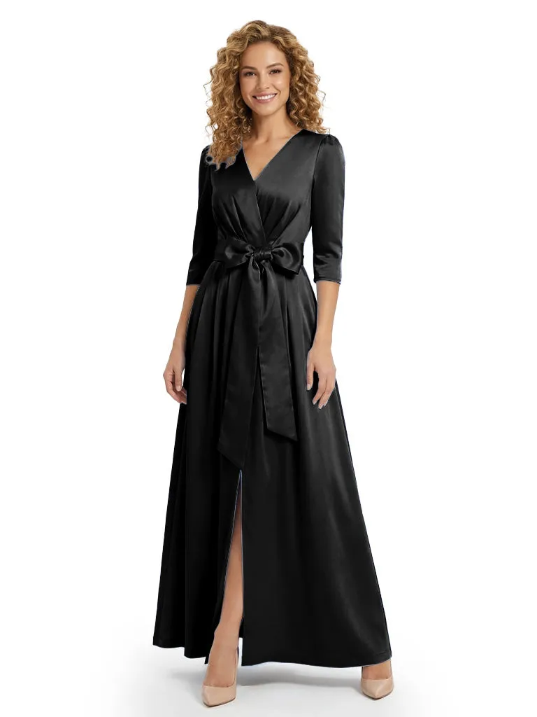 Mother of The Bride Dress V-Neck Half Sleeve Satin Floor-Length Gown with Bow Stylish Classy Wedding Guest Dress sold by ChicSew product image thumbnail 4