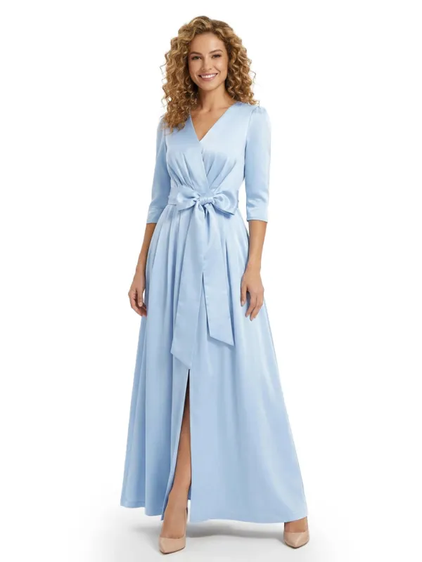 Mother of The Bride Dress V-Neck Half Sleeve Satin Floor-Length Gown with Bow Stylish Classy Wedding Guest Dress sold by ChicSew