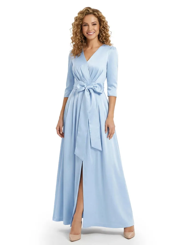 Mother of The Bride Dress V-Neck Half Sleeve Satin Floor-Length Gown with Bow Stylish Classy Wedding Guest Dress sold by ChicSew