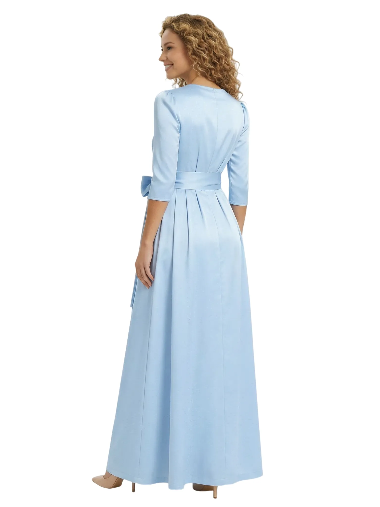 Mother of The Bride Dress V-Neck Half Sleeve Satin Floor-Length Gown with Bow Stylish Classy Wedding Guest Dress sold by ChicSew product image thumbnail 3