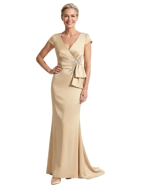 Elegant V-Neck Satin Mother of The Groom Dress Cap Sleeves Mermaid Maxi Gown sold by ChicSew