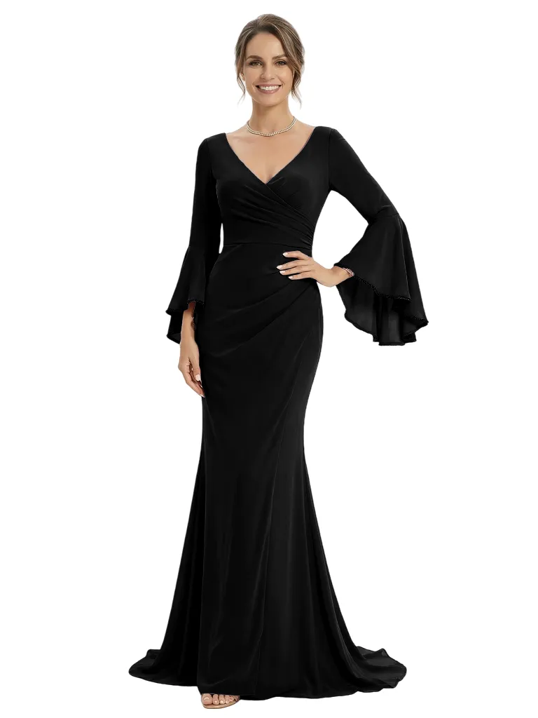 Chic V-Neck Bell Sleeve Mother Of The Bride Dress Ruched Floor Length Chiffon Formal Gown sold by ChicSew product image thumbnail 4