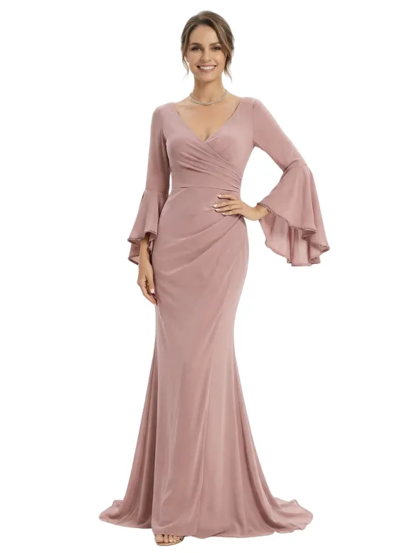 Chic V-Neck Bell Sleeve Mother Of The Bride Dress Ruched Floor Length Chiffon Formal Gown sold by ChicSew