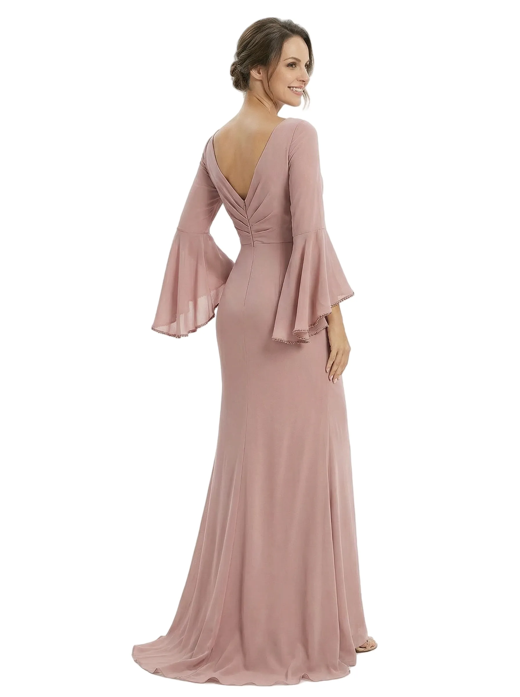 Chic V-Neck Bell Sleeve Mother Of The Bride Dress Ruched Floor Length Chiffon Formal Gown sold by ChicSew product image thumbnail 3
