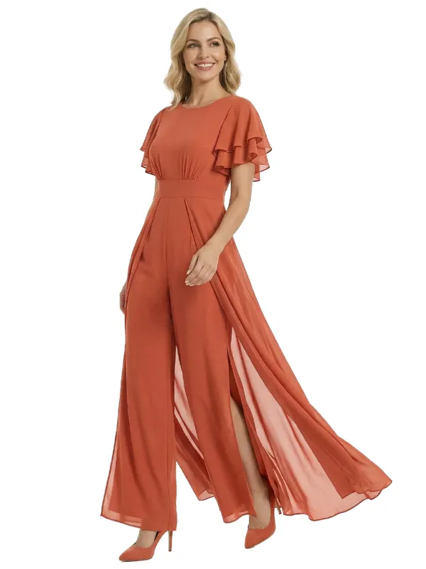 Mother of The Bride Pantsuit Round Neck Ruffled Short Sleeve Chiffon Floor-Length Pantsuit Trendy Unique Bride Mother Formal Attire sold by ChicSew