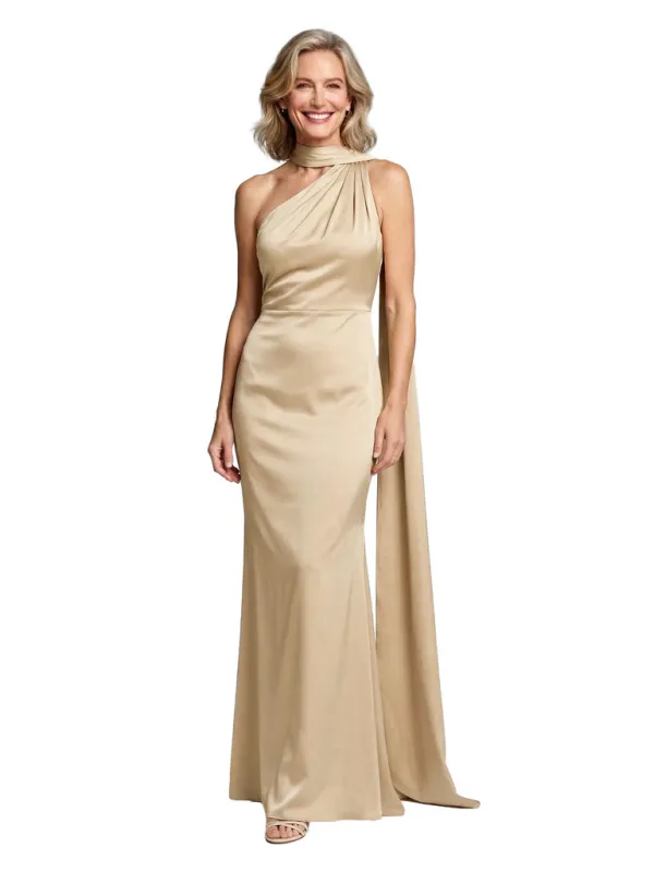 Halter Neck Satin Mother Of The Bride Dress Sheath Maxi Gown With Open Back Cape Chic Formal Wedding Attire sold by ChicSew