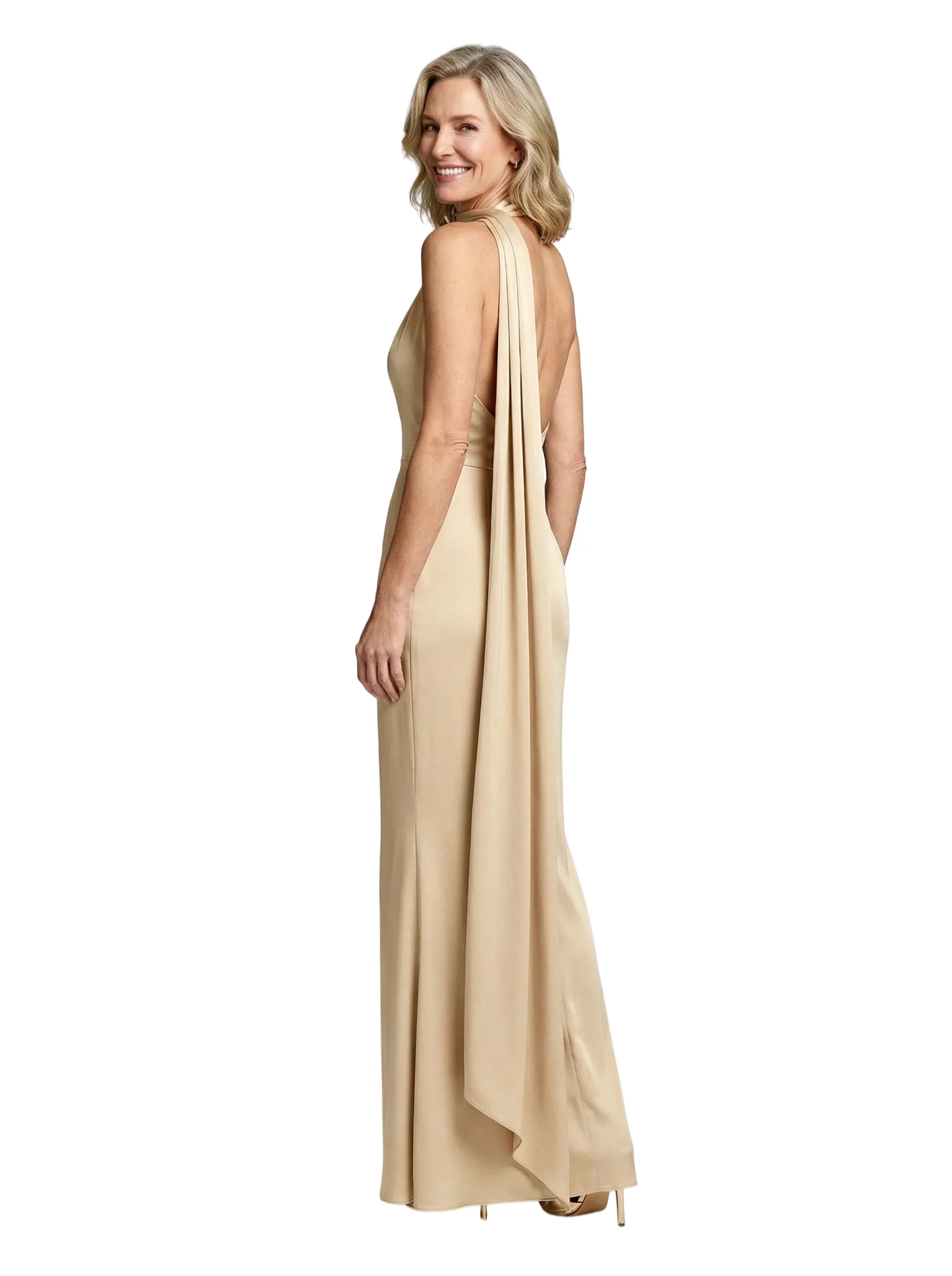 Halter Neck Satin Mother Of The Bride Dress Sheath Maxi Gown With Open Back Cape Chic Formal Wedding Attire sold by ChicSew product image thumbnail 2