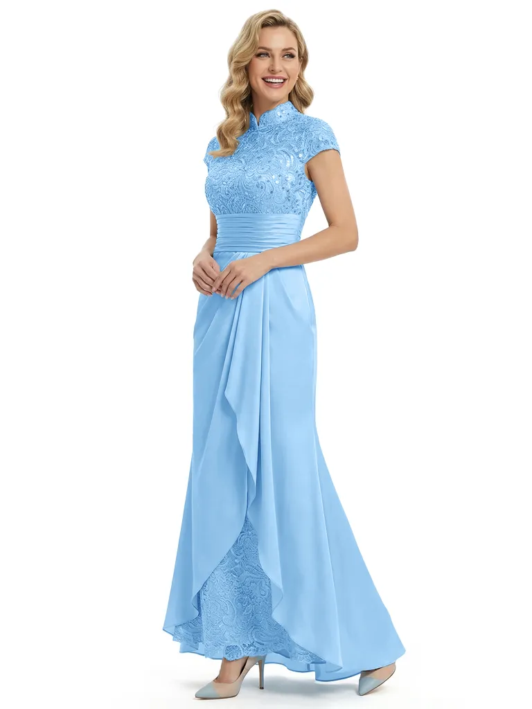 Classy Lace Mother Of The Bride Dress Floor Length Cap Sleeves High Neck Silky Satin Evening Gown sold by ChicSew product image thumbnail 5