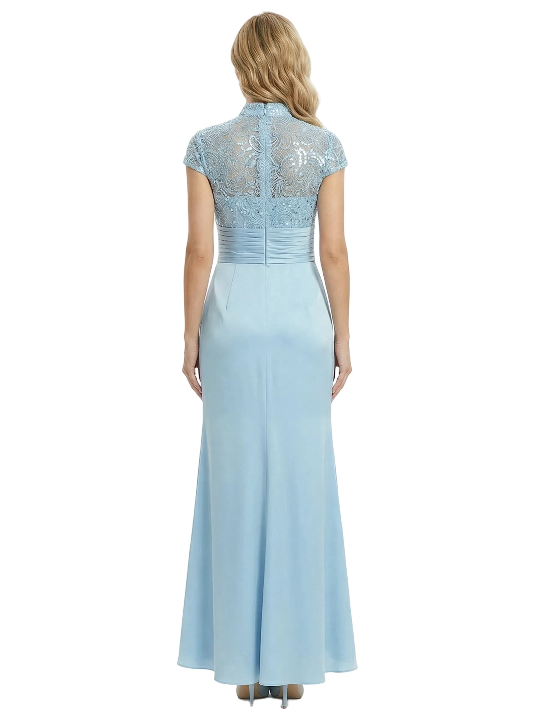 Classy Lace Mother Of The Bride Dress Floor Length Cap Sleeves High Neck Silky Satin Evening Gown sold by ChicSew product image thumbnail 3