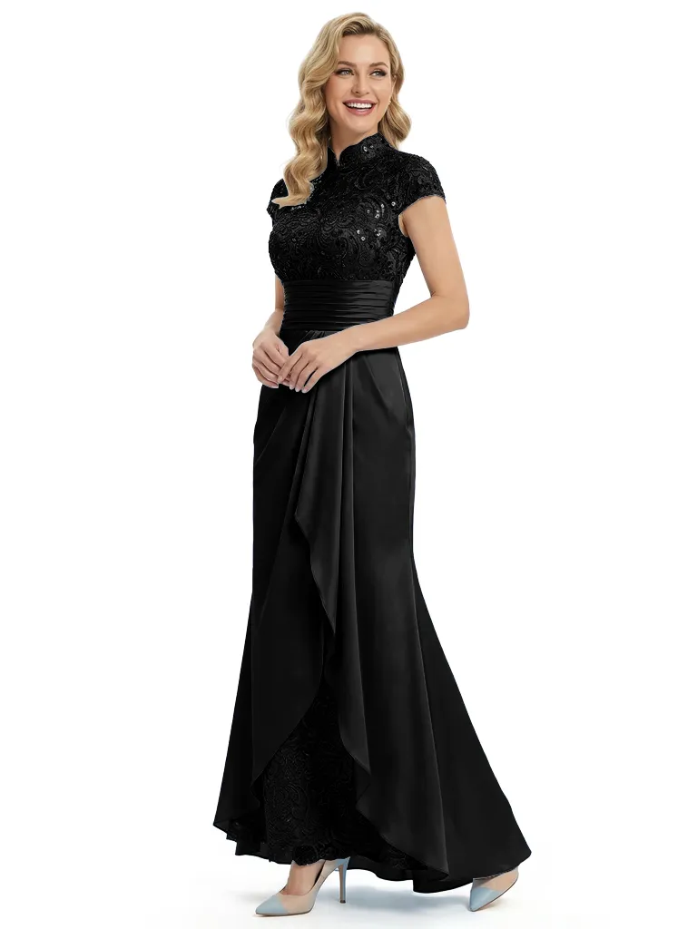 Classy Lace Mother Of The Bride Dress Floor Length Cap Sleeves High Neck Silky Satin Evening Gown sold by ChicSew product image thumbnail 4