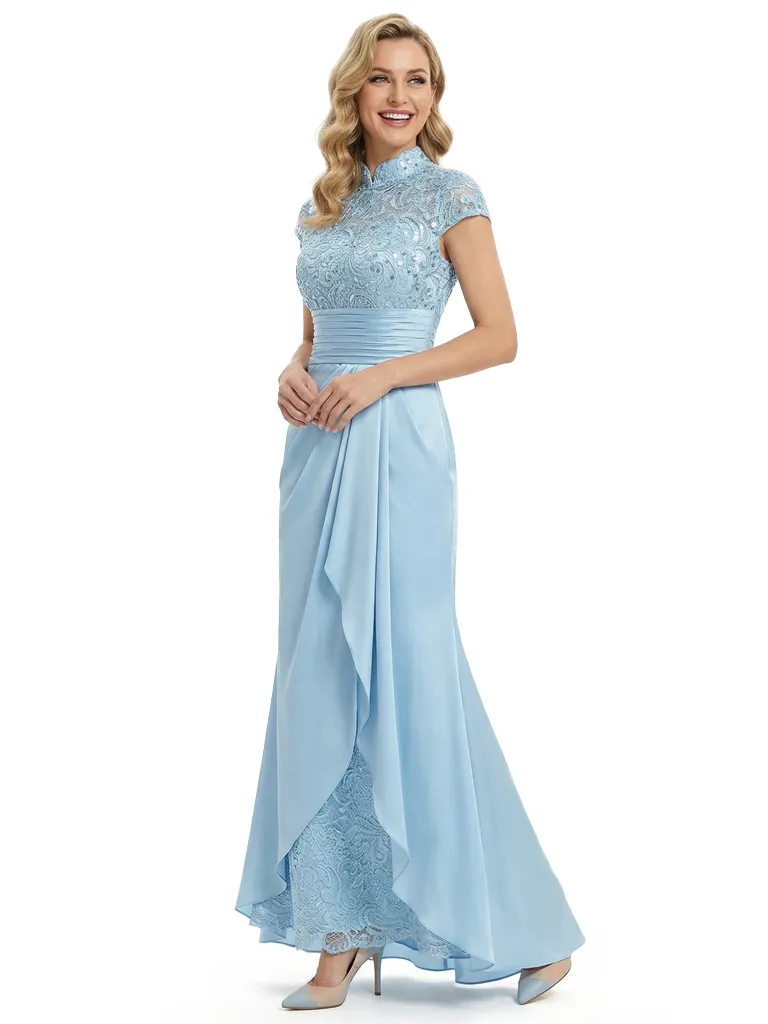 Classy Lace Mother Of The Bride Dress Floor Length Cap Sleeves High Neck Silky Satin Evening Gown sold by ChicSew