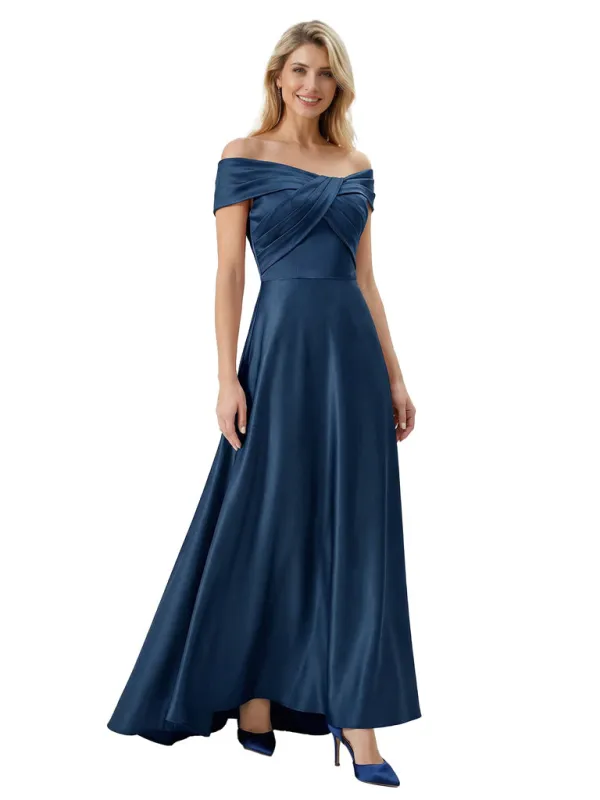 Elegant Off Shoulder A-Line Satin Mother of The Bride Dress With Pleated Crisscross Top sold by ChicSew