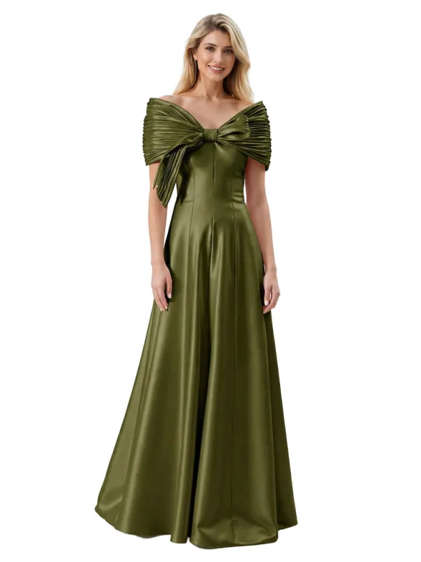 Beautiful Off The Shoulder Satin Mother Of The Bride Dress Ruched Sleeves A-Line Maxi Gown sold by ChicSew