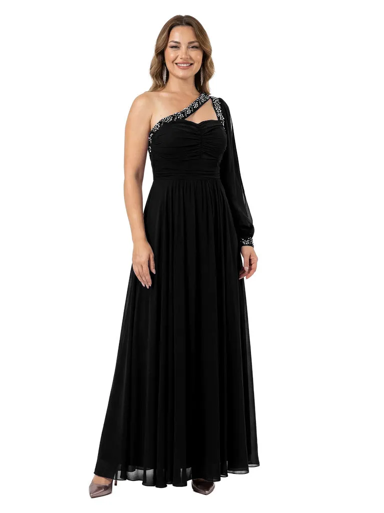 Sexy One Shoulder Long Sleeve A-Line Mother of The Bride Chiffon Flowy Party Gown sold by ChicSew product image thumbnail 4