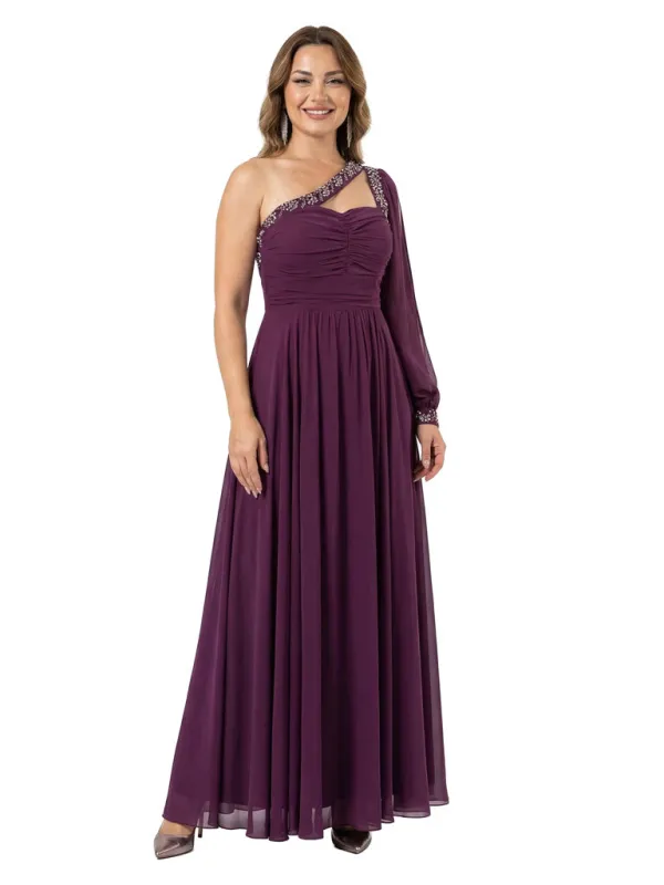 Sexy One Shoulder Long Sleeve  A-Line Mother of The Bride Chiffon Flowy Party Gown sold by ChicSew