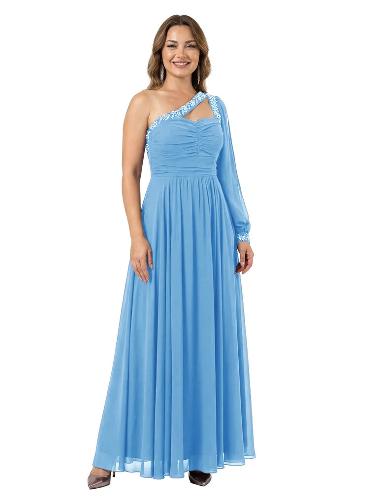 Sexy One Shoulder Long Sleeve A-Line Mother of The Bride Chiffon Flowy Party Gown sold by ChicSew product image thumbnail 5