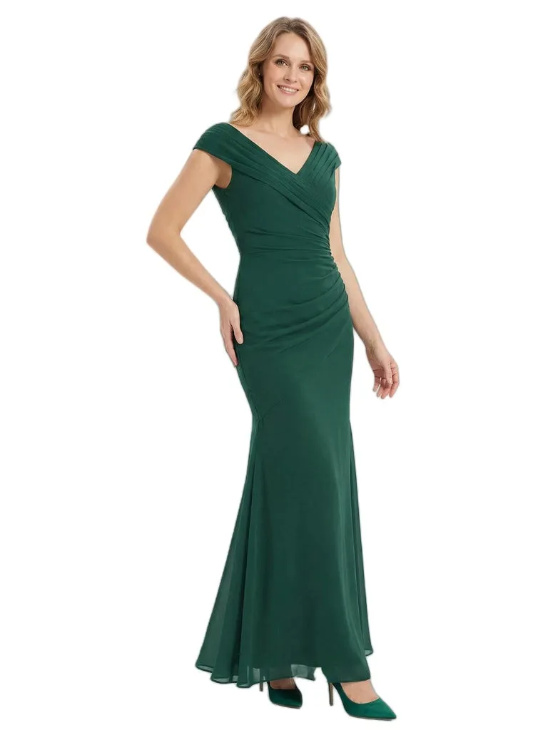 Stunning Ruched Mermaid Mother Of The Bride Dress Cap Sleeve V-Neck Chiffon Formal Gown sold by ChicSew