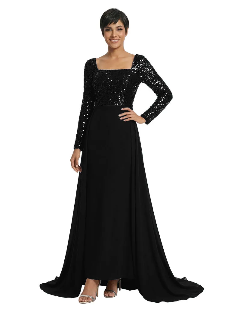 Elegant Sheath Sequin Square Long Sleeves Floor-Length Mother of The Bride Dresses Overskirt sold by ChicSew product image thumbnail 4