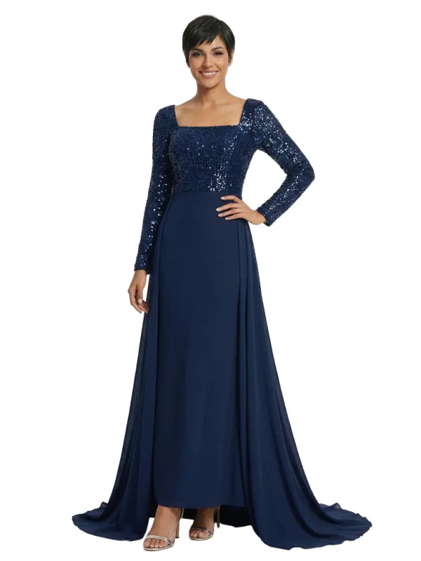 Elegant Sheath Sequin Square Long Sleeves Floor-Length Mother of The Bride Dresses Overskirt sold by ChicSew