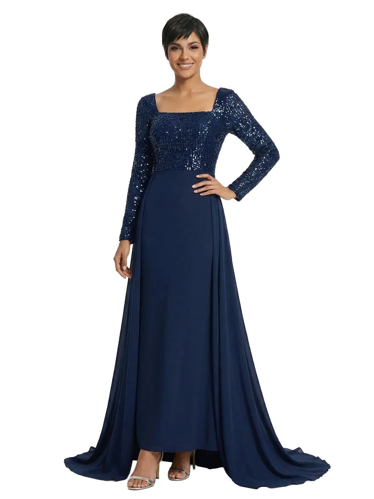 Elegant Sheath Sequin Square Long Sleeves Floor-Length Mother of The Bride Dresses Overskirt sold by ChicSew