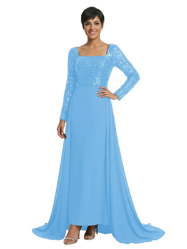 Elegant Sheath Sequin Square Long Sleeves Floor-Length Mother of The Bride Dresses Overskirt sold by ChicSew product image thumbnail 5