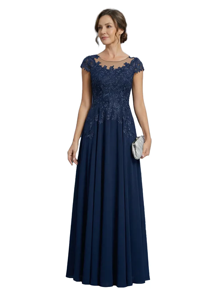 Elegant A-Line Lace Appliques Jewel Cap Sleeves Mother of The Bride Dresses sold by ChicSew