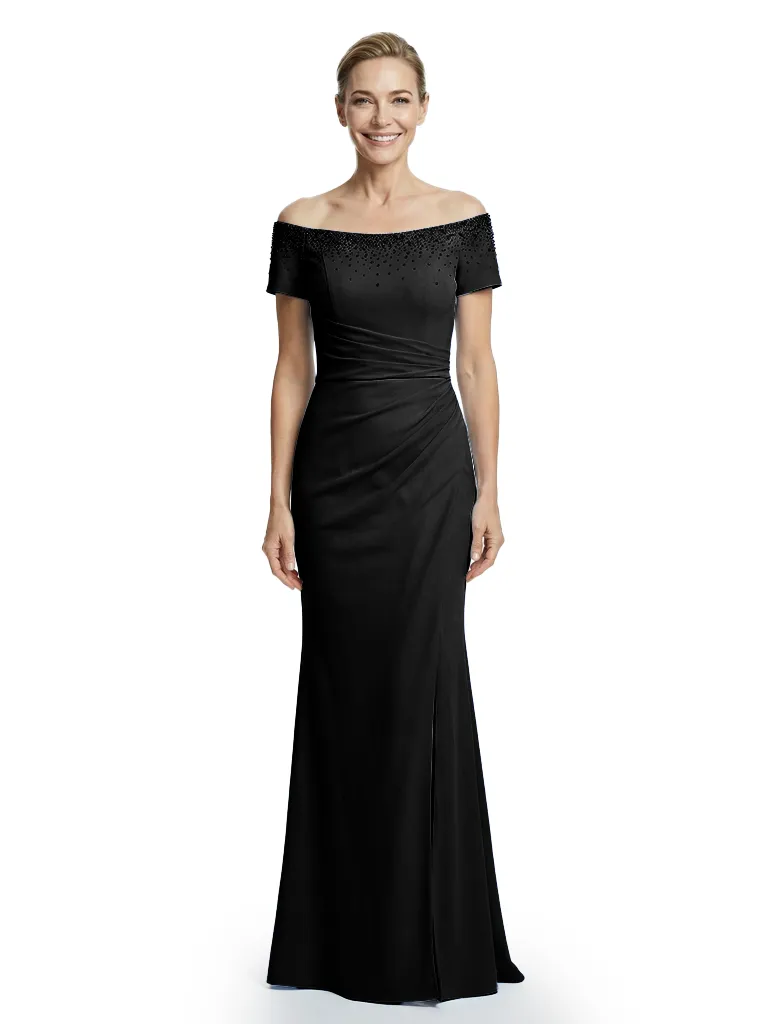 Mother of The Groom Gown Off Shoulder Short Sleeve Fitted Floor-Length Beaded Trim Classy Modern Formal Evening Dress sold by ChicSew product image thumbnail 5