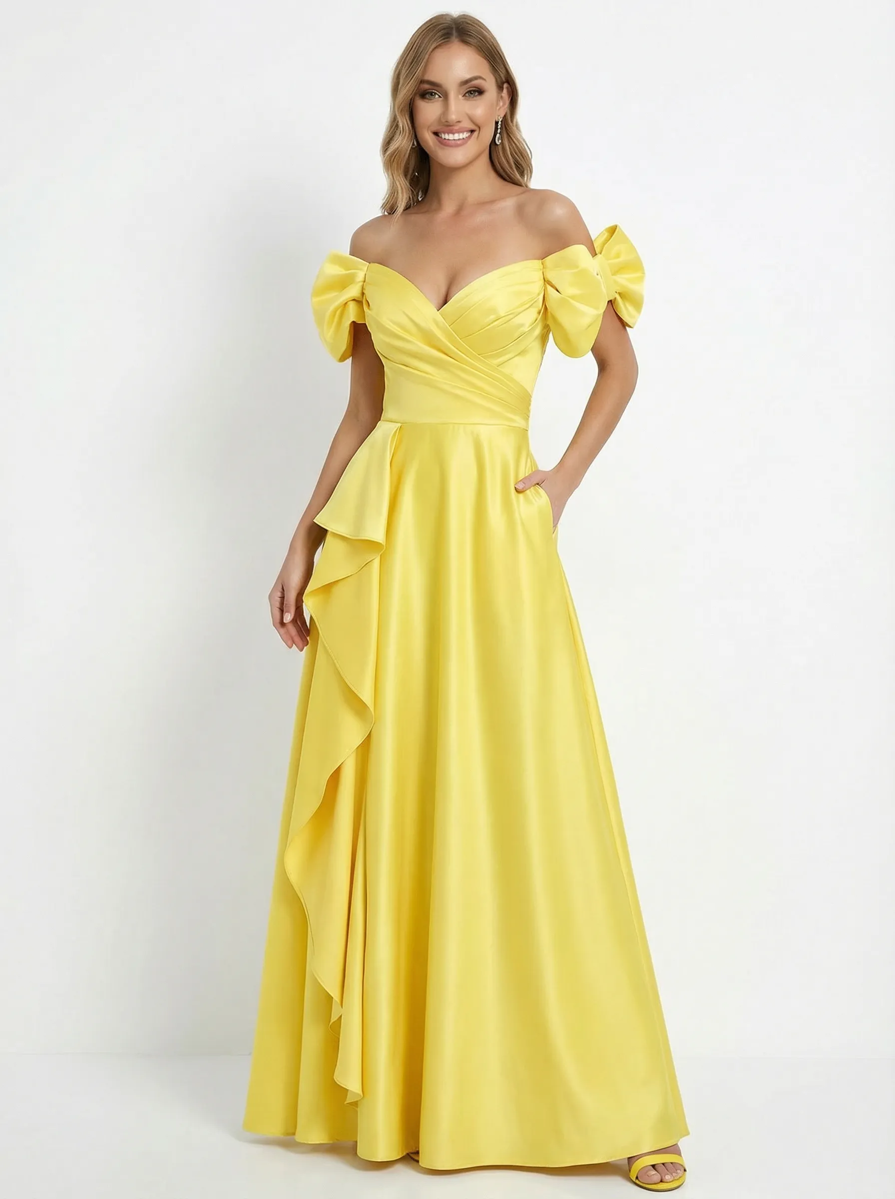 Glamorous Off the Shoulder Ruffles A-Line Formal Dress with Bow Sleeves sold by ChicSew