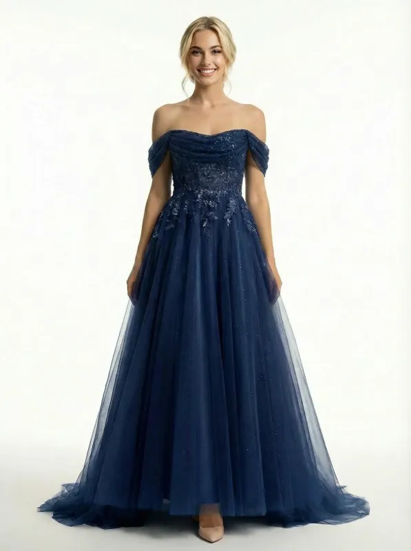 Sparkly Off the Shoulder Floral Appliques A-line Tulle Ball Gown Prom Dresses sold by ChicSew