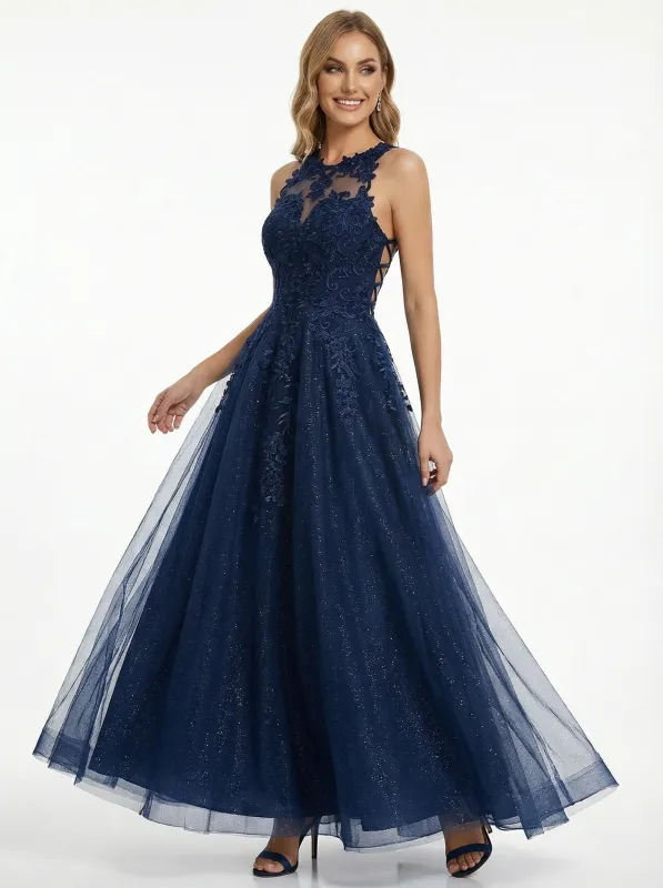 Modern Halter Neck Illusion Tulle Ball Gown Prom Dresses with Open Back sold by ChicSew