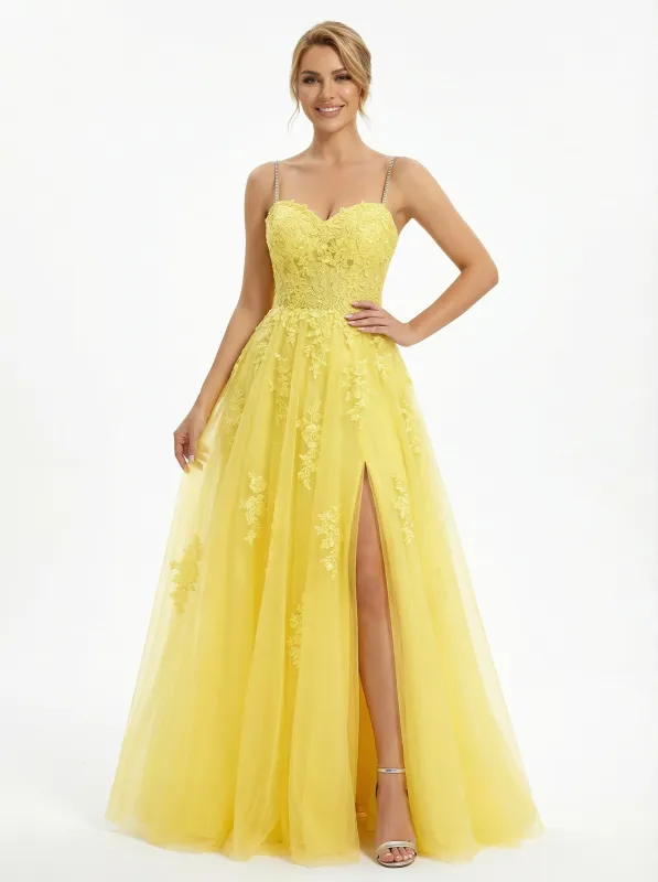 Pretty Elegant Lace Corset Bodice Spaghetti Strap Tulle Prom Ball Gown With High Slit sold by ChicSew