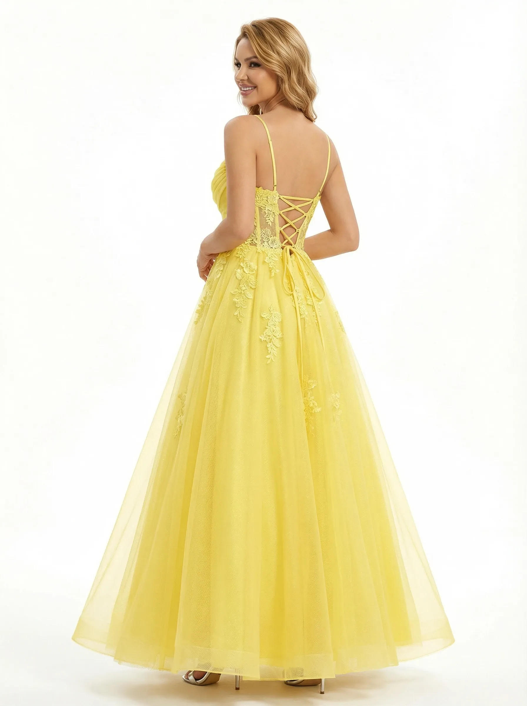 Pretty Elegant Lace Corset Bodice Spaghetti Strap Tulle Prom Ball Gown With High Slit sold by ChicSew product image thumbnail 3