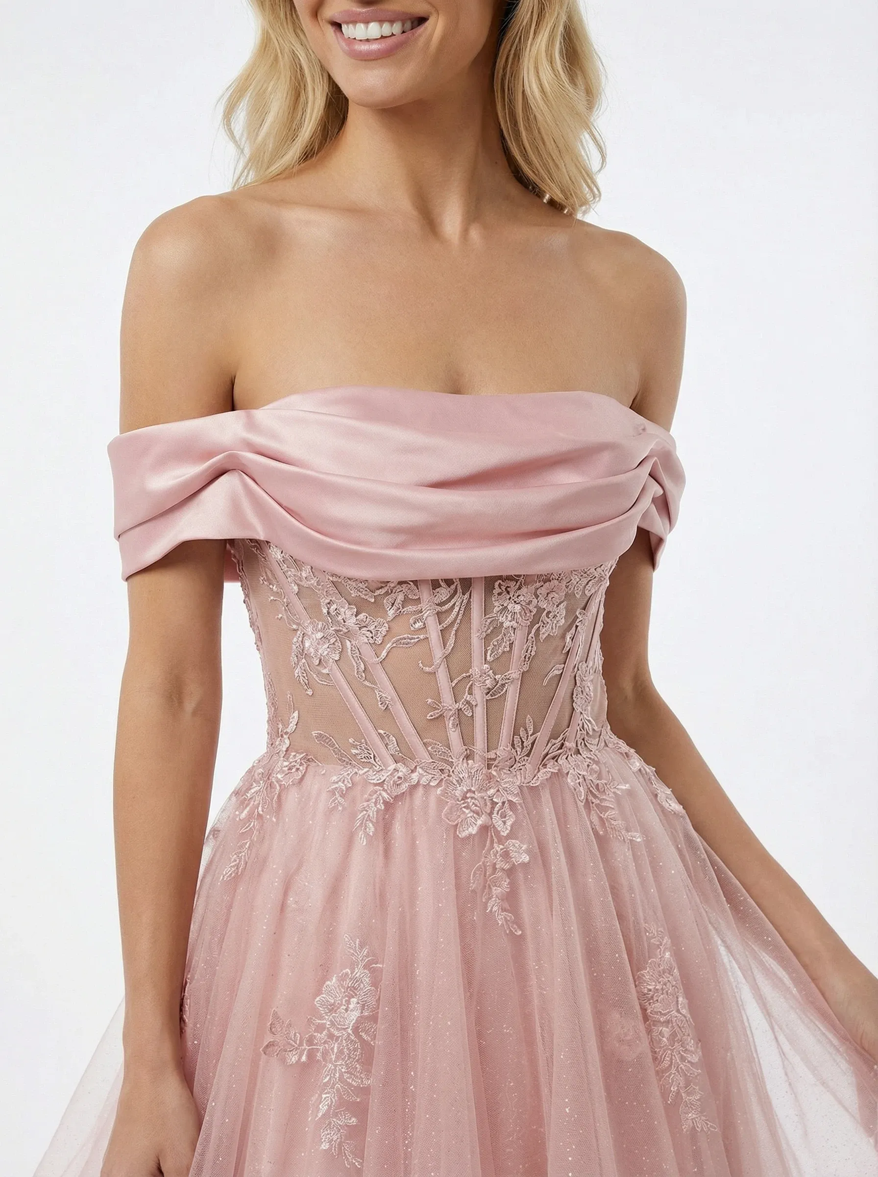 Elegant Off the Shoulder Tiered Tulle Corset Prom Gown with Lace Appliques sold by ChicSew product image thumbnail 2