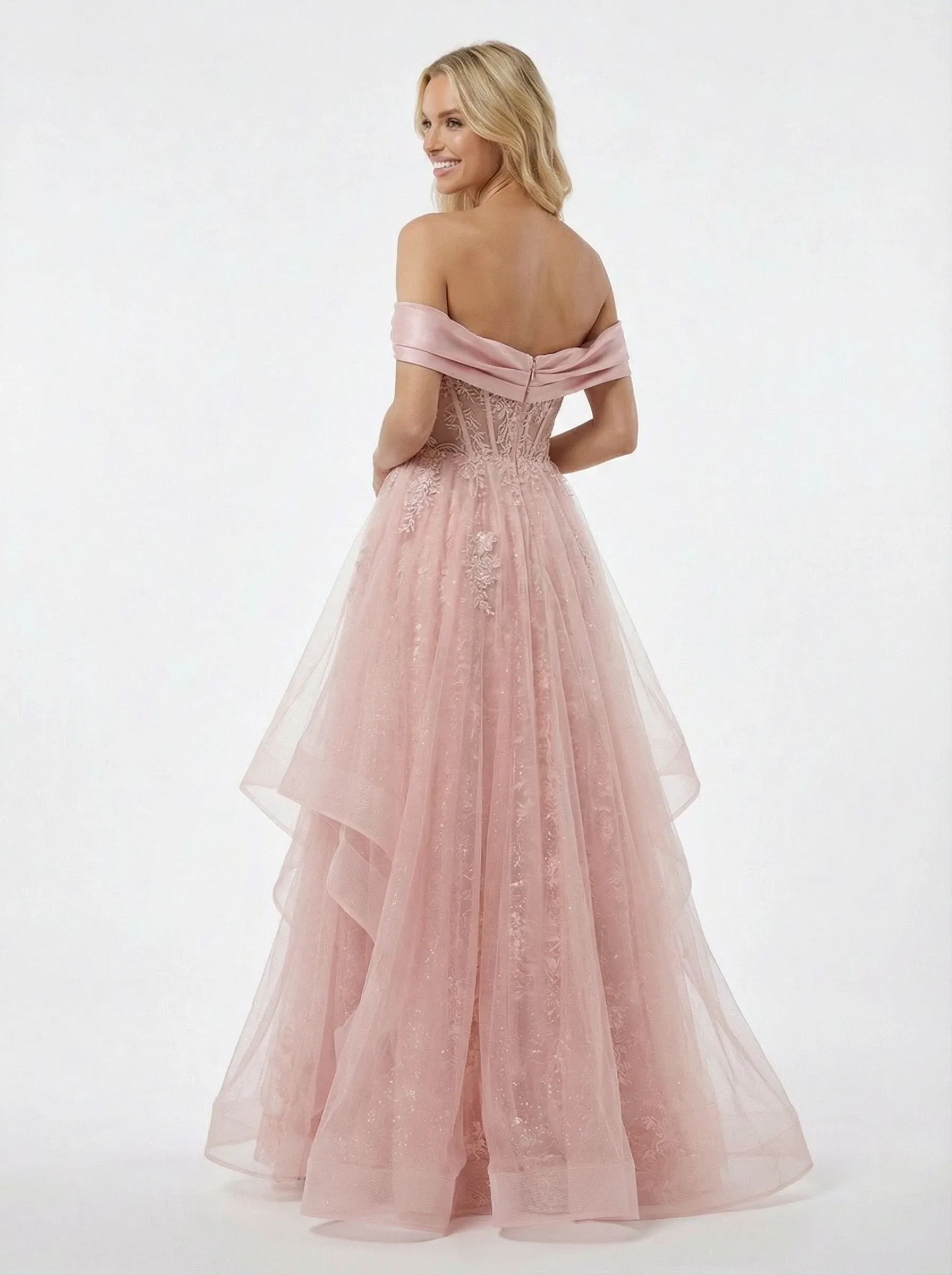 Elegant Off the Shoulder Tiered Tulle Corset Prom Gown with Lace Appliques sold by ChicSew product image thumbnail 3